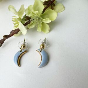 HANDMADE earrings | celestial crescent moons | soft blue & gold | ceramic